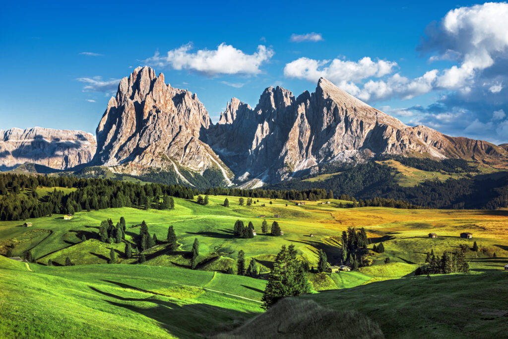 Famous Alpe di Siusi in the Dolomites, Langkofel mountain group in background at sunset