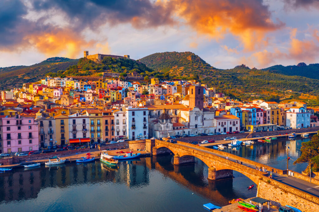 Beautiful morning view oo Bosa town with Ponte Vecchio bridge across the Temo river