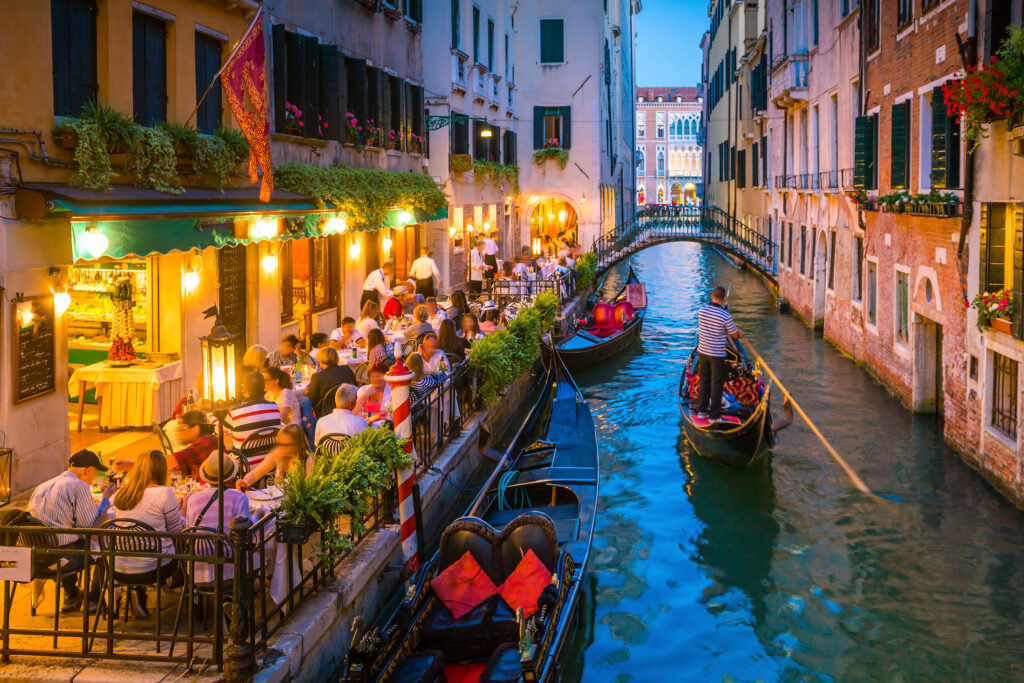 View of canal in Venice Italy at night