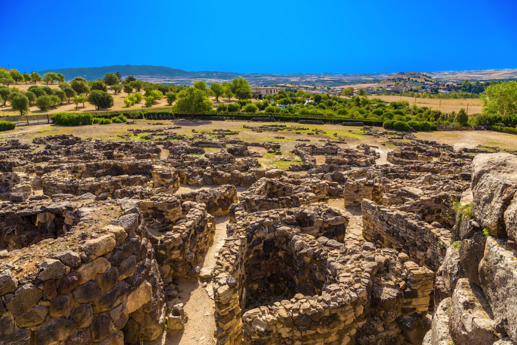 View of prehistoric nuragic complex of Su Nuraxi di Barumini, UNESCO World Heritage List