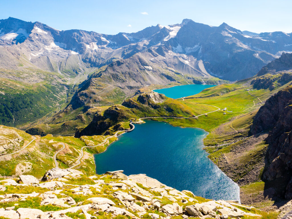 Stunning view of lakes of Gran Paradiso Park in Piedmont, seen from Col del Nivolet