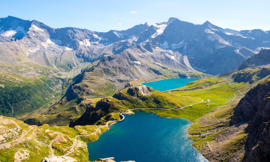 Stunning view of lakes of Gran Paradiso Park in Piedmont, seen from Col del Nivolet