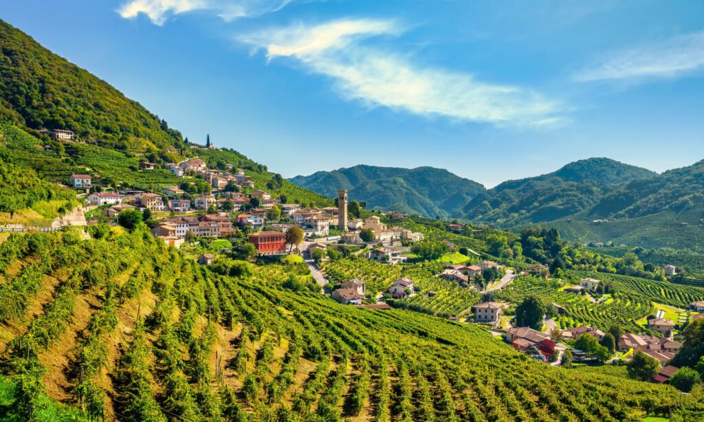 rosecco Hills, vineyards and Santo Stefano village, Unesco Site Valdobbiadene in Veneto region