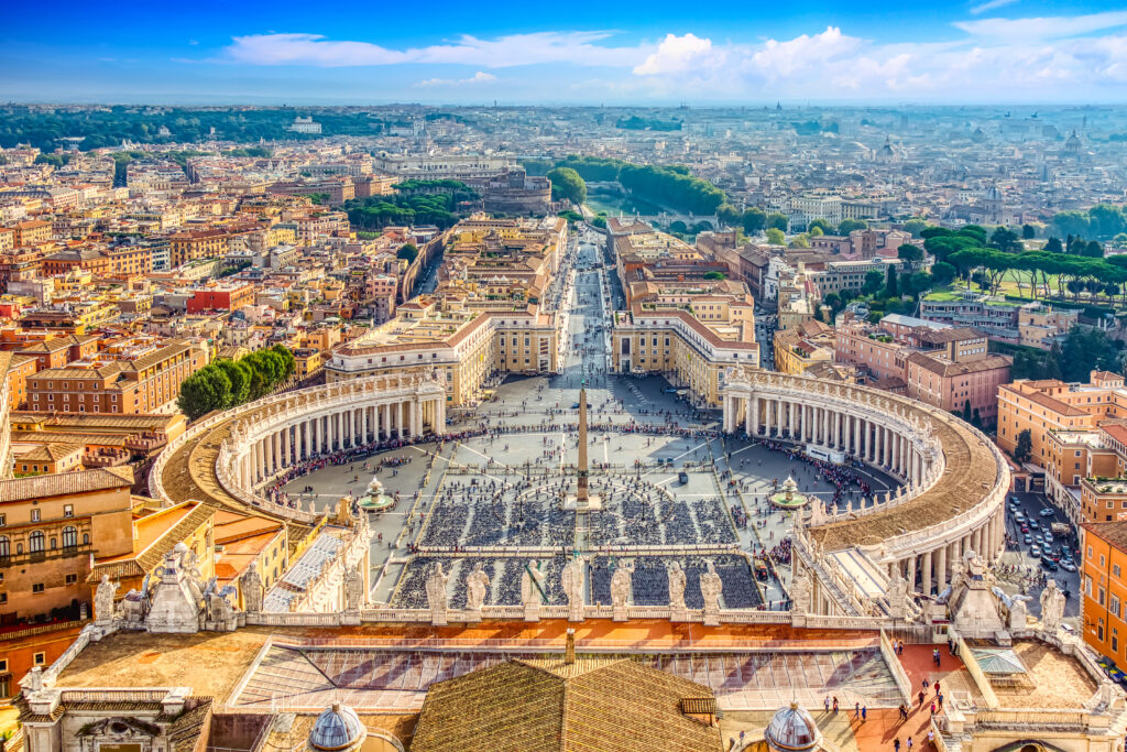 Impressive aerial view of famous Saint Peter's Square during a sunny day