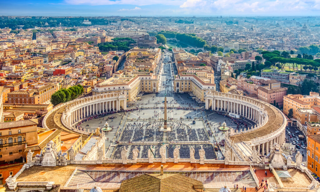 Impressive aerial view of famous Saint Peter's Square during a sunny day