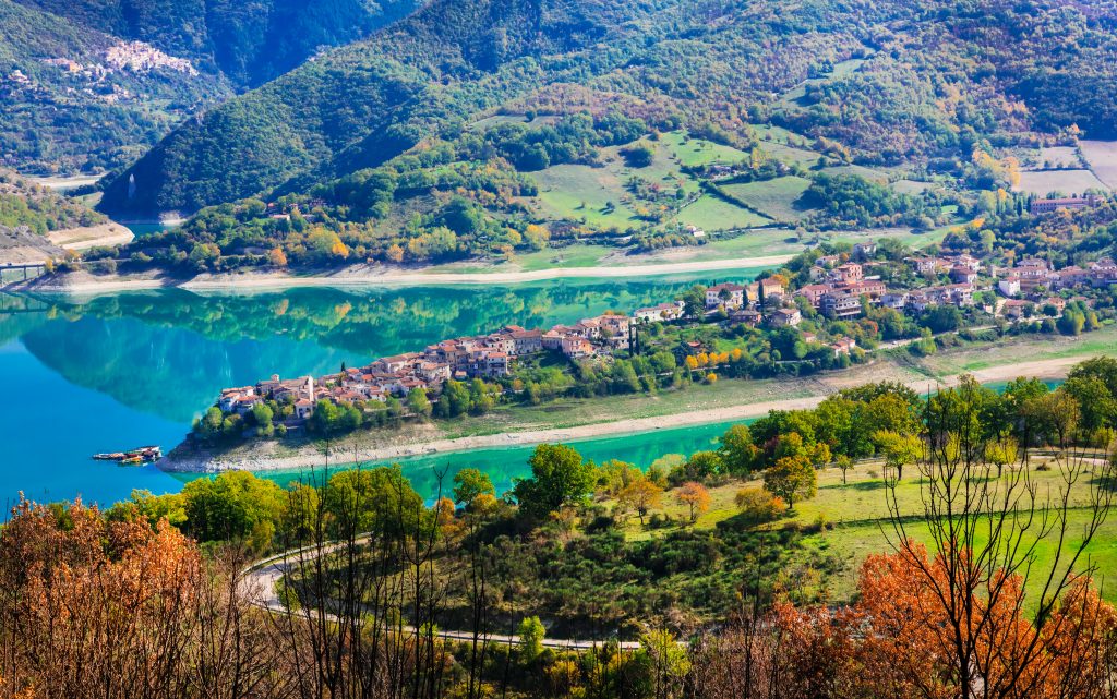 Beautiful lake Turano and village Colle di tora. Rieti province, Italy