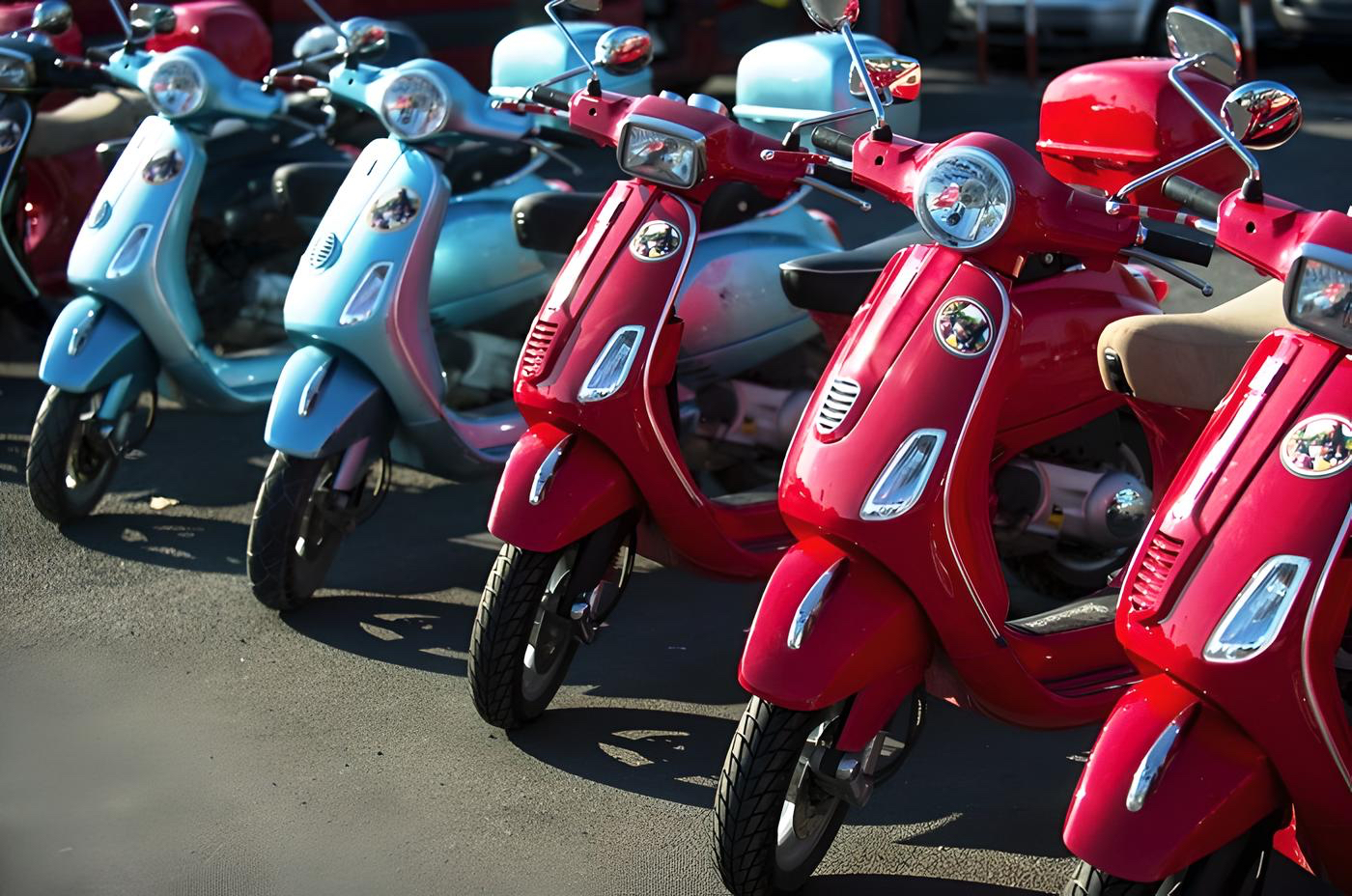 Blaue und rote Vespas in einer Reihe.