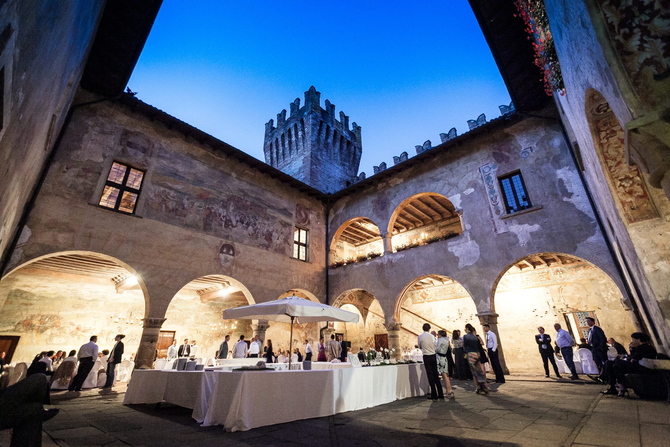 Wedding reception in castle by night