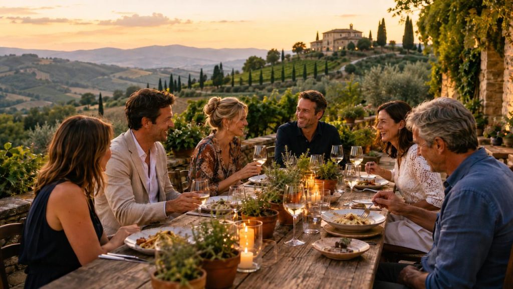 gruppenabendessen terrasse toskana sonnenuntergang